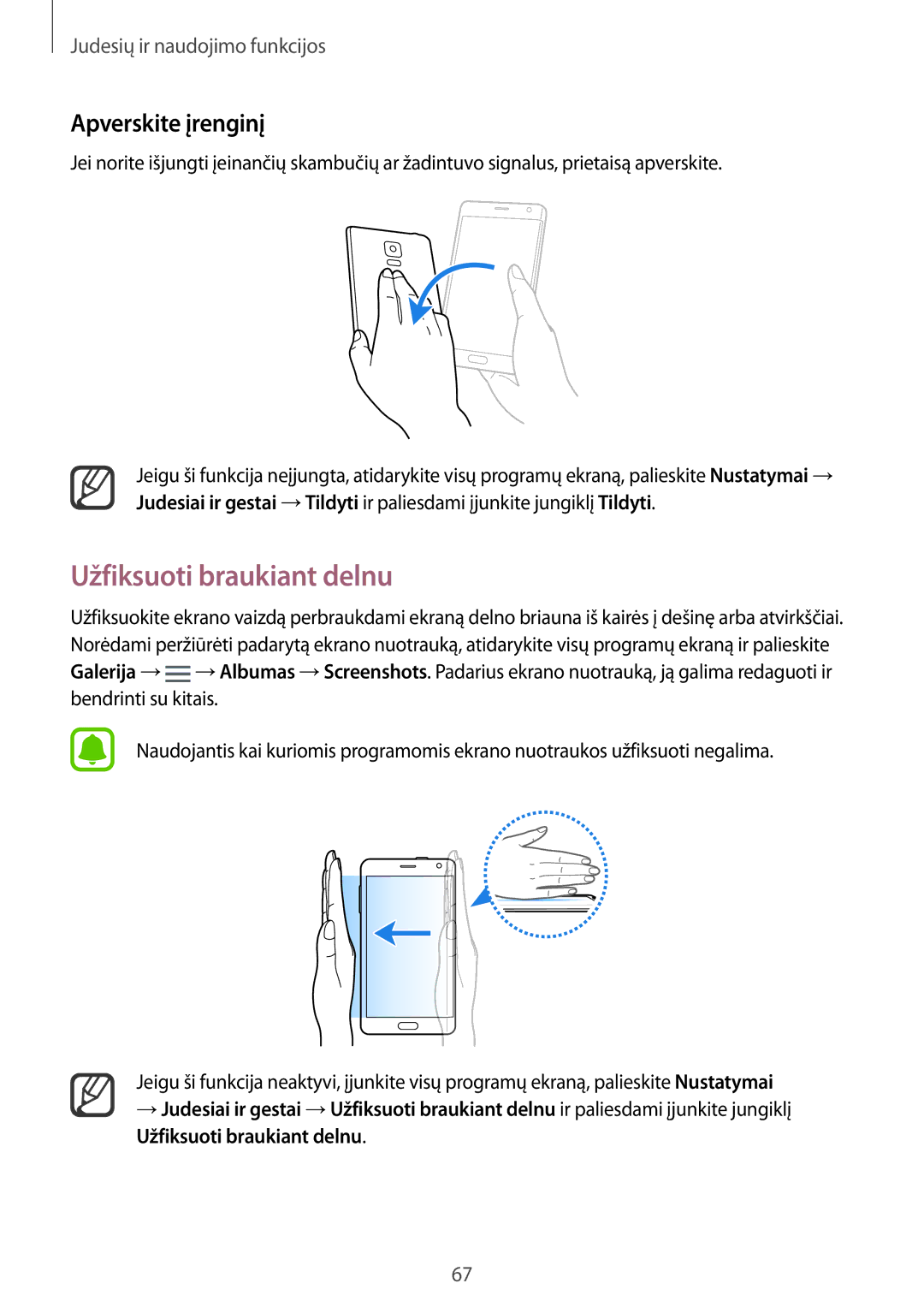 Samsung SM-N915FZWYSEB, SM-N915FZKYSEB manual Užfiksuoti braukiant delnu, Apverskite įrenginį 