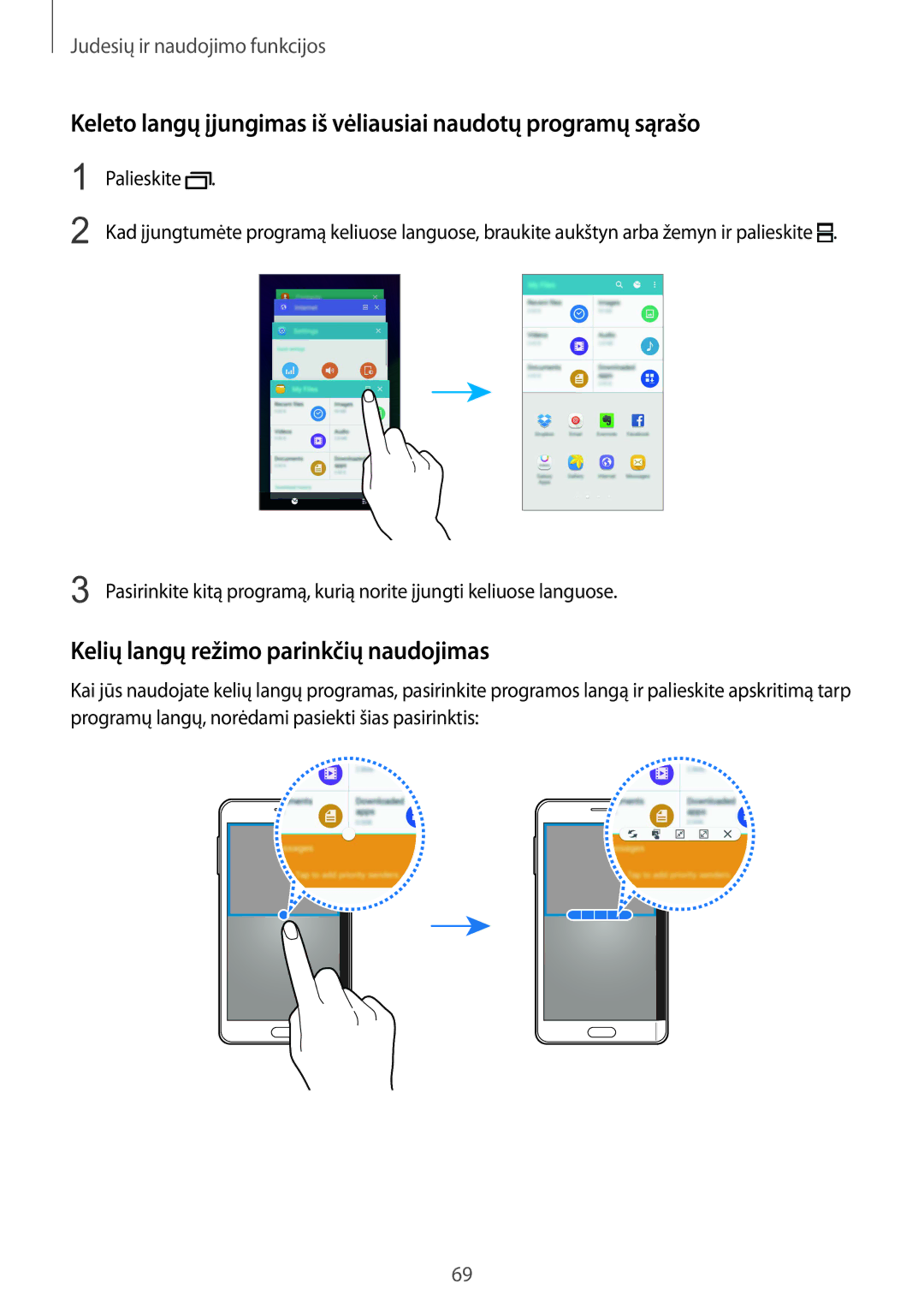 Samsung SM-N915FZWYSEB, SM-N915FZKYSEB manual Keleto langų įjungimas iš vėliausiai naudotų programų sąrašo 