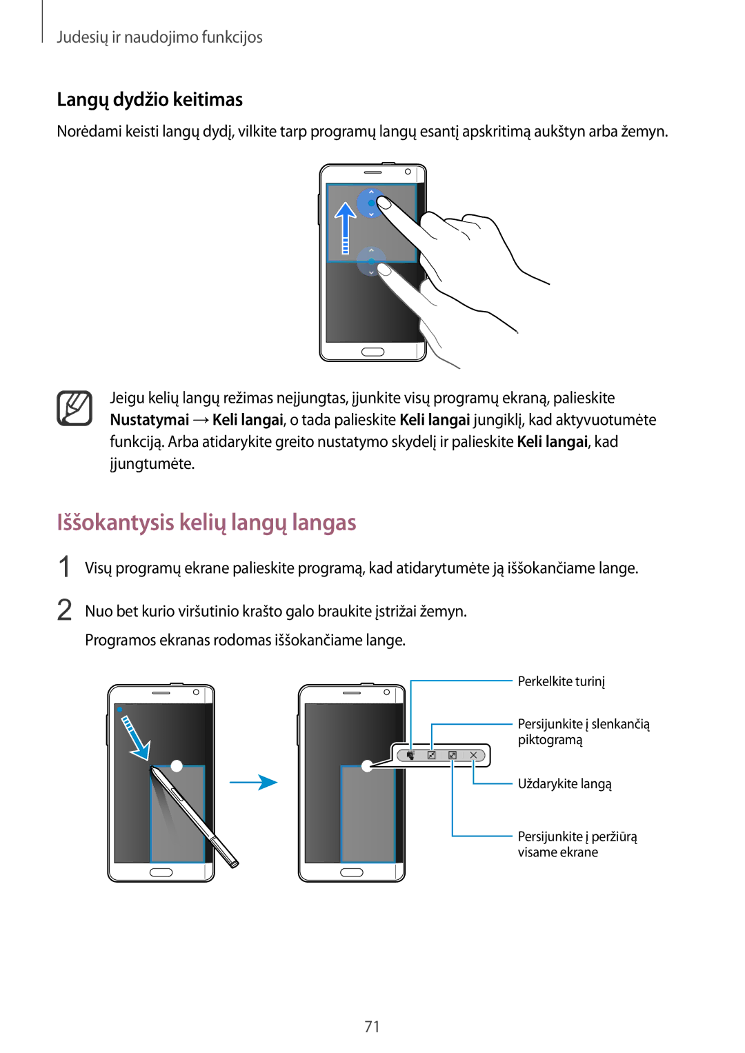 Samsung SM-N915FZWYSEB, SM-N915FZKYSEB manual Iššokantysis kelių langų langas, Langų dydžio keitimas 