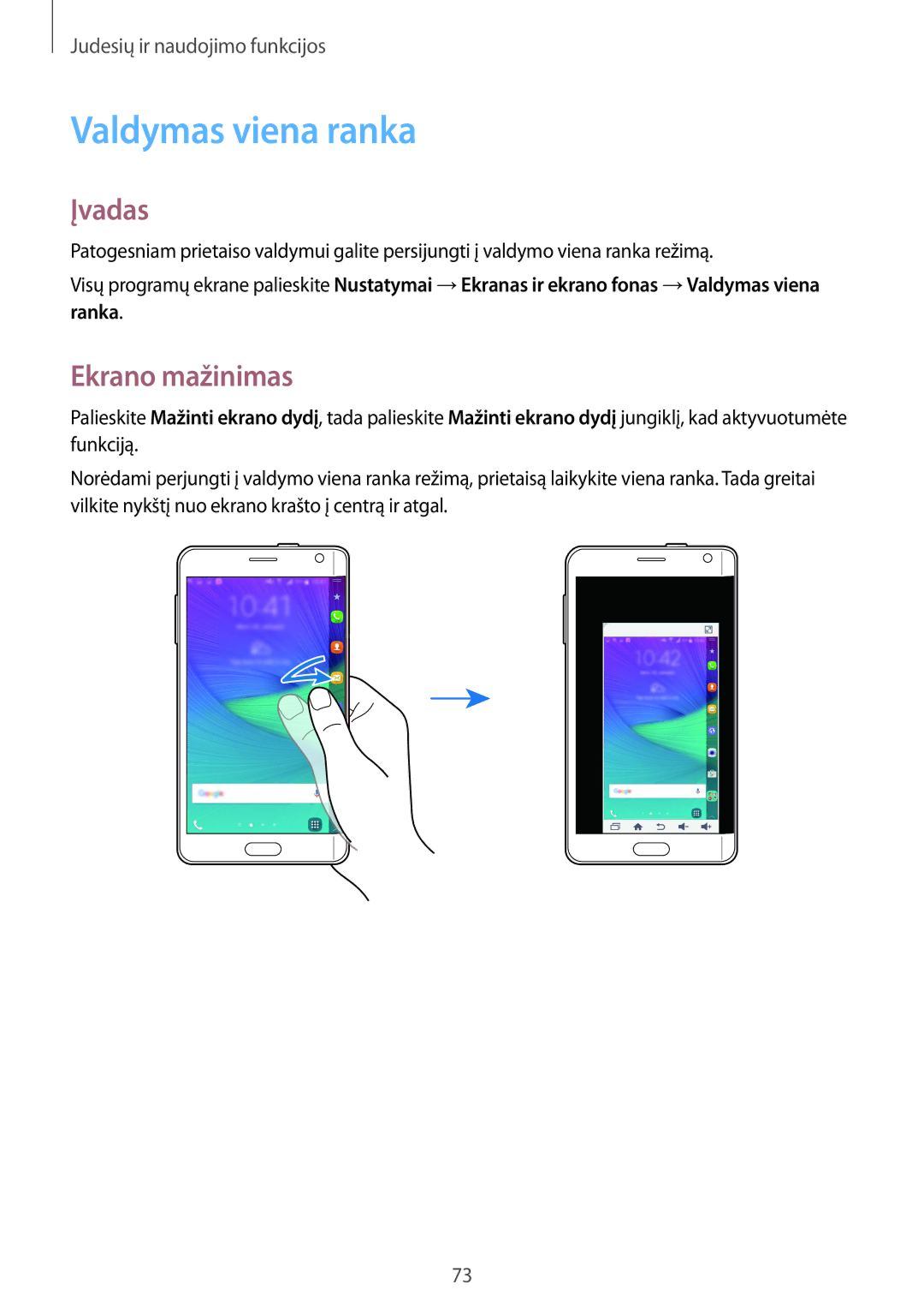 Samsung SM-N915FZWYSEB, SM-N915FZKYSEB manual Valdymas viena ranka, Ekrano mažinimas 