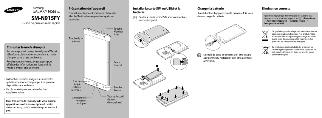 Samsung SM-N915FZWYXEF, SM-N915FZKYXEF manual Présentation de l’appareil, Installer la carte SIM ou Usim et la batterie 