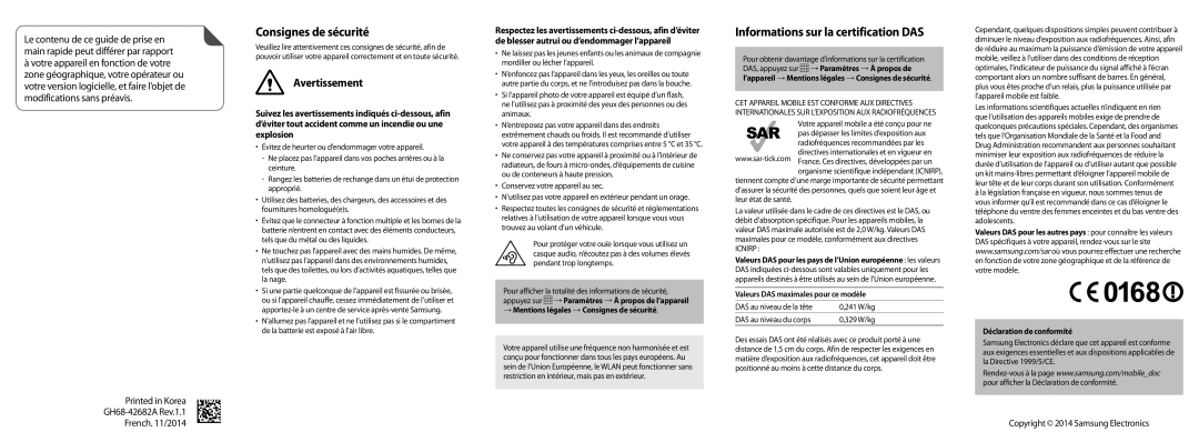 Samsung SM-N915FZKYXEF Consignes de sécurité, Informations sur la certification DAS, Valeurs DAS maximales pour ce modèle 