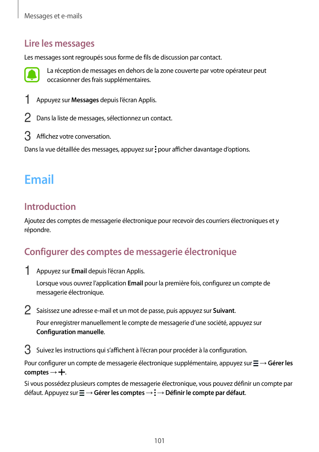 Samsung SM-N915FZWYXEF manual Lire les messages, Configurer des comptes de messagerie électronique, Configuration manuelle 