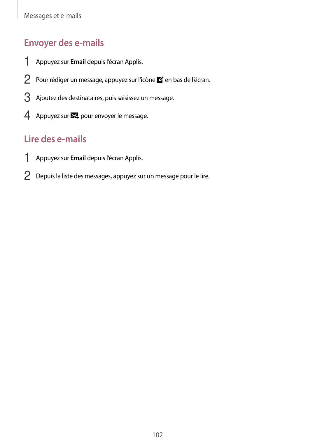 Samsung SM-N915FZKYXEF, SM-N915FZWYXEF manual Envoyer des e-mails, Lire des e-mails 