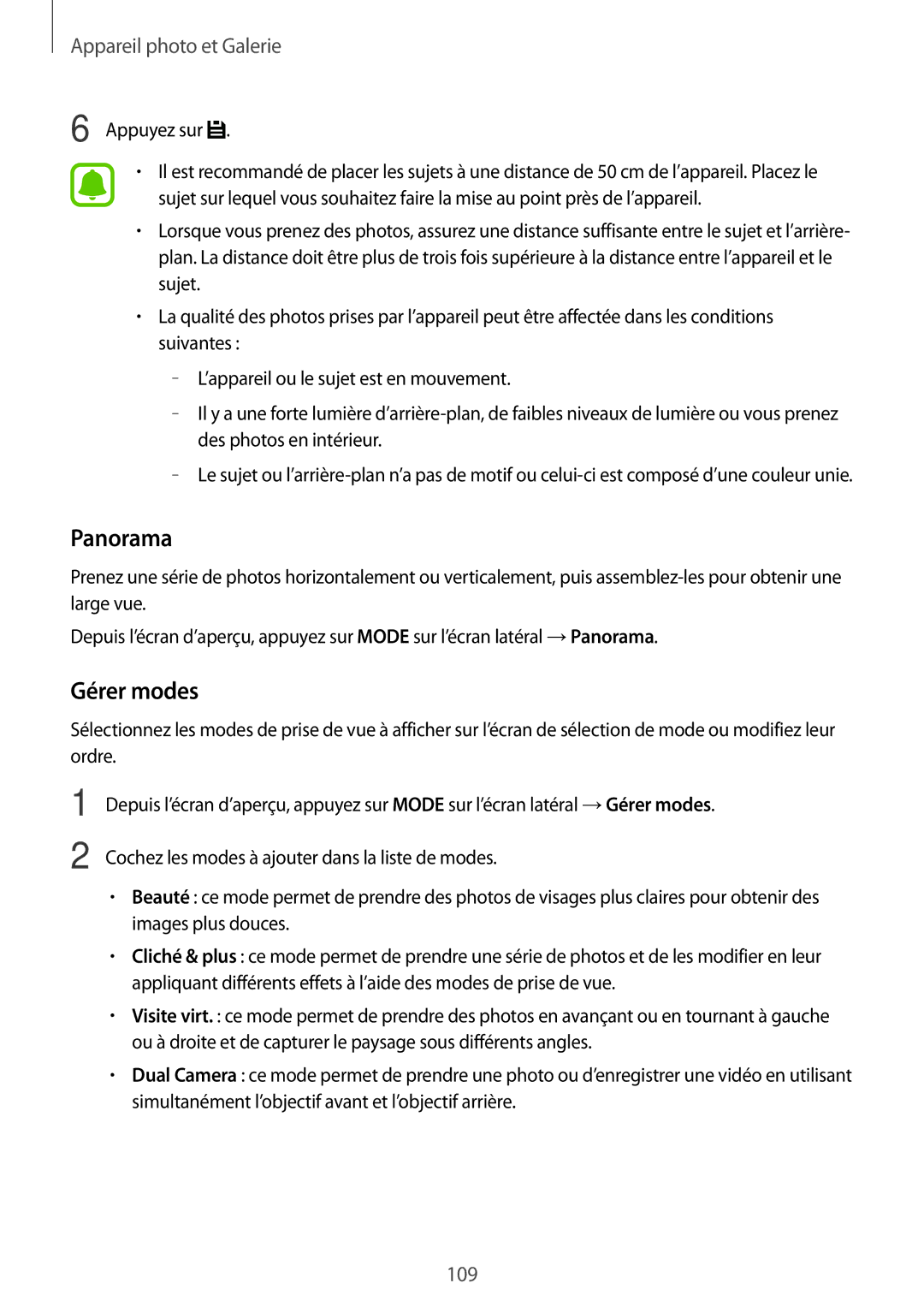 Samsung SM-N915FZWYXEF, SM-N915FZKYXEF manual Panorama, Gérer modes 