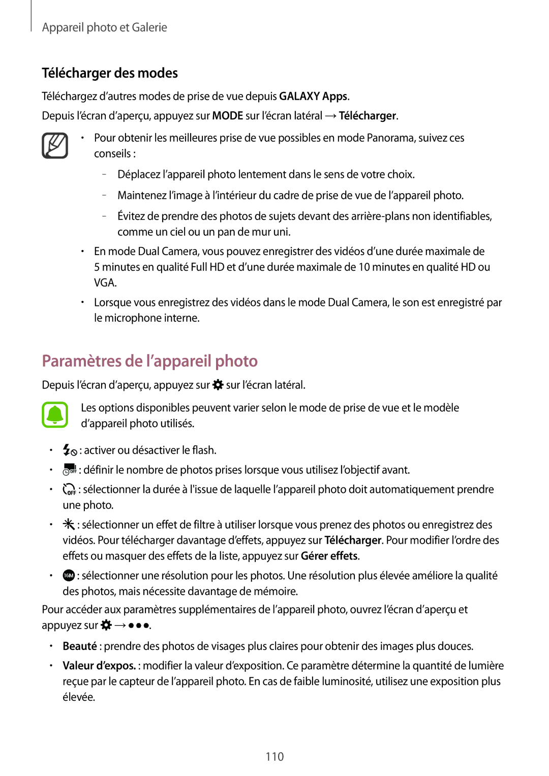 Samsung SM-N915FZKYXEF, SM-N915FZWYXEF manual Paramètres de l’appareil photo, Télécharger des modes 