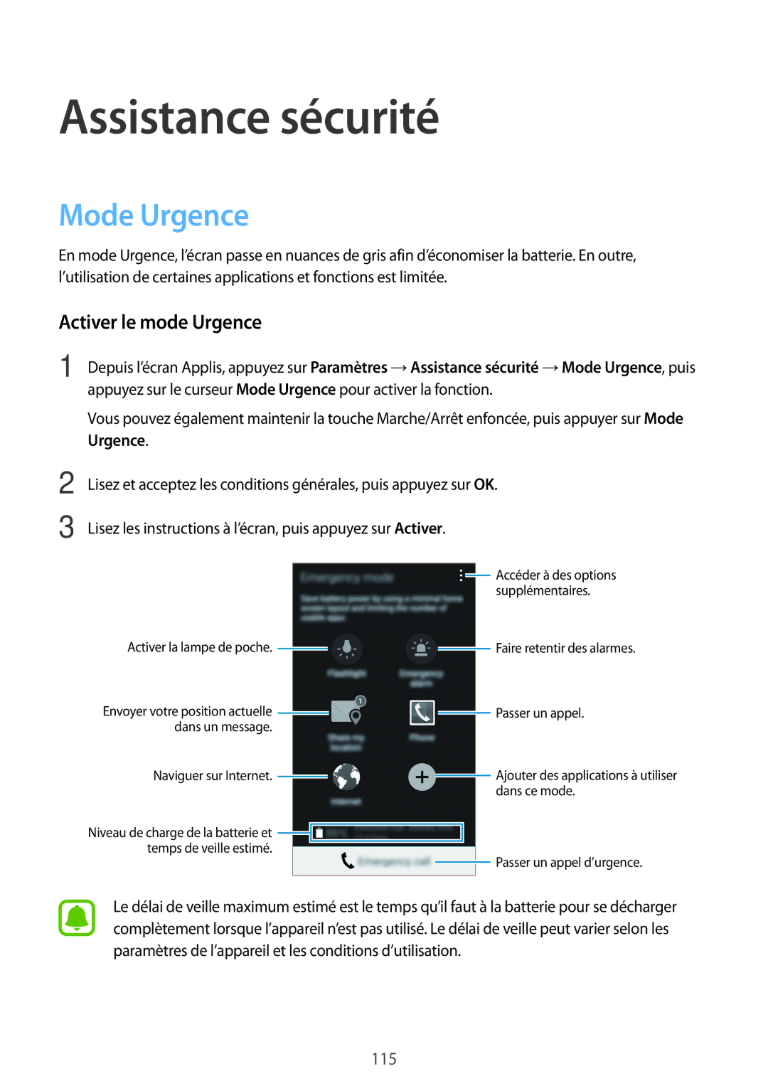 Samsung SM-N915FZWYXEF, SM-N915FZKYXEF manual Assistance sécurité, Mode Urgence, Activer le mode Urgence 