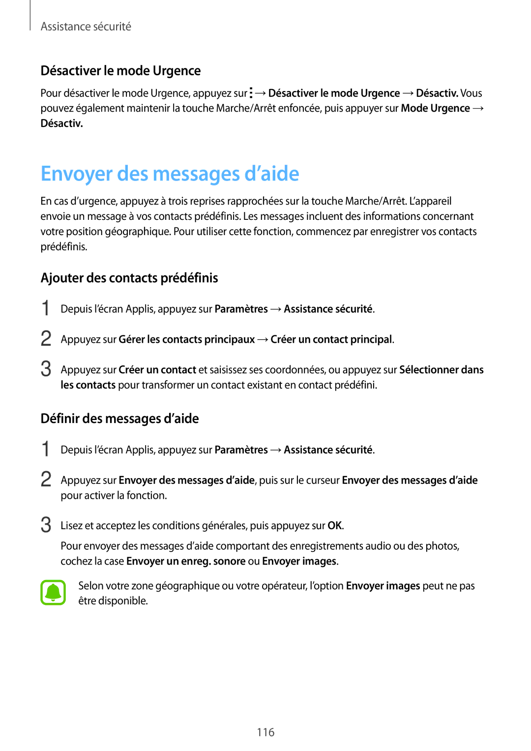 Samsung SM-N915FZKYXEF manual Envoyer des messages d’aide, Désactiver le mode Urgence, Ajouter des contacts prédéfinis 