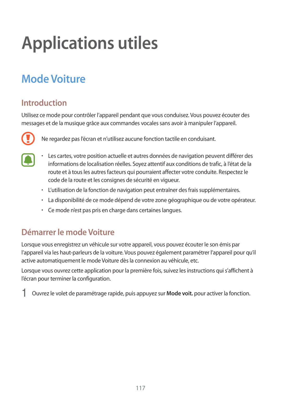 Samsung SM-N915FZWYXEF, SM-N915FZKYXEF manual Applications utiles, Mode Voiture, Démarrer le mode Voiture 