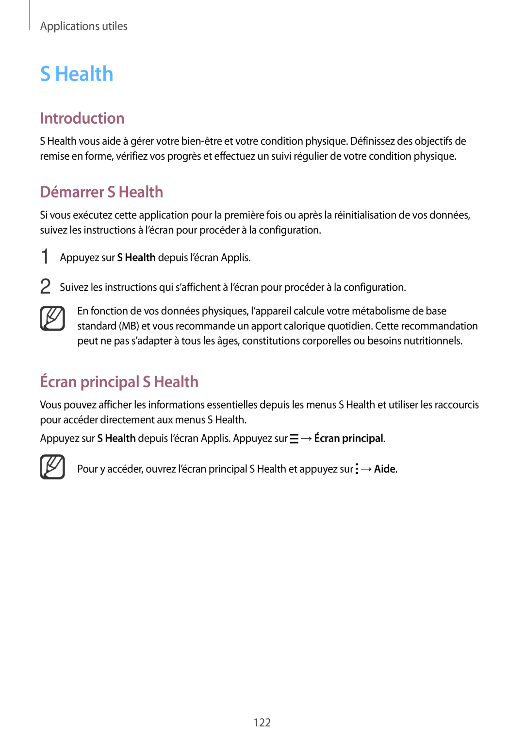 Samsung SM-N915FZKYXEF, SM-N915FZWYXEF manual Démarrer S Health, Écran principal S Health 