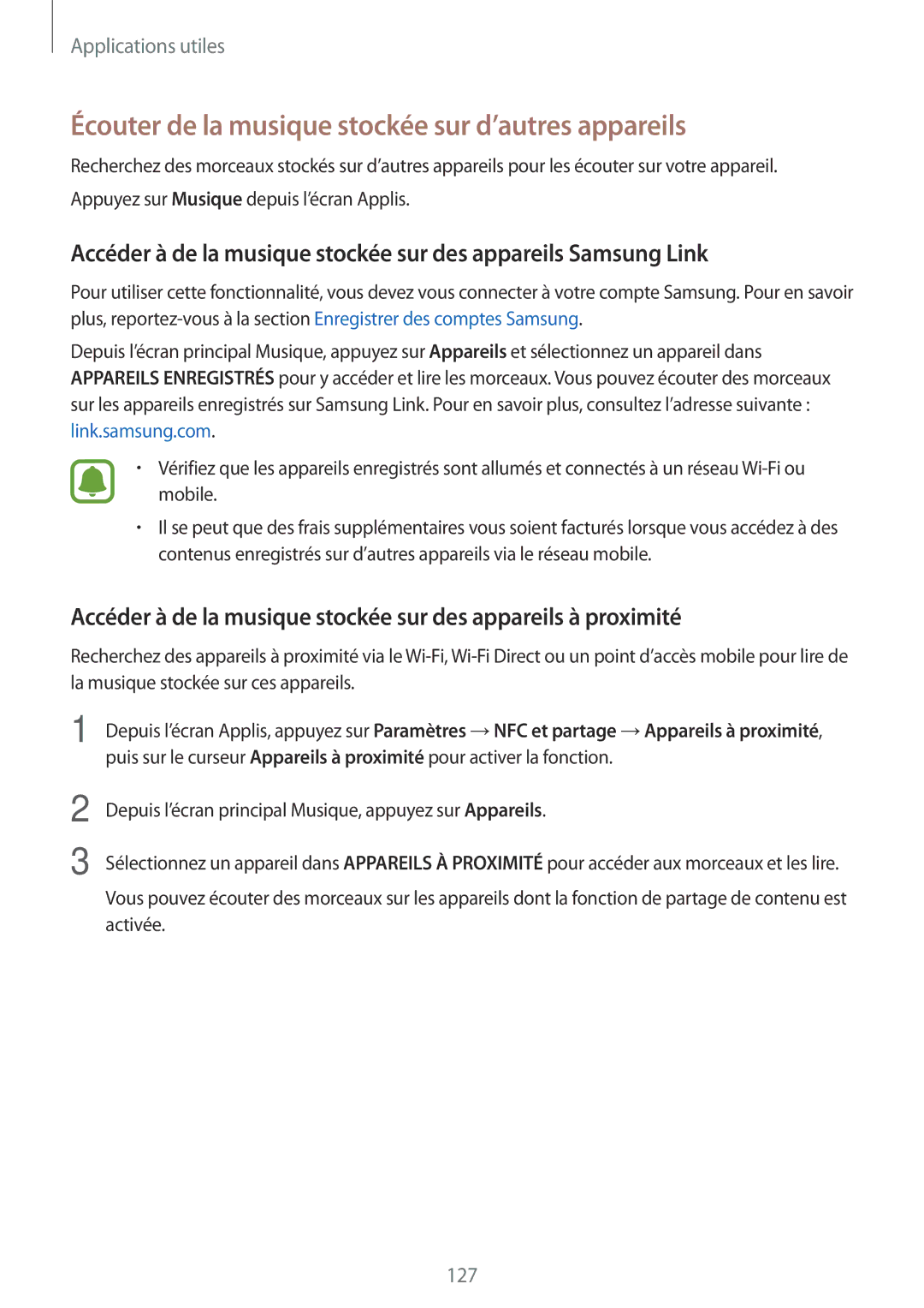 Samsung SM-N915FZWYXEF, SM-N915FZKYXEF manual Écouter de la musique stockée sur d’autres appareils 