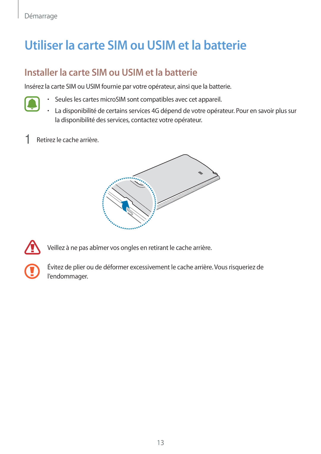 Samsung SM-N915FZWYXEF manual Utiliser la carte SIM ou Usim et la batterie, Installer la carte SIM ou Usim et la batterie 