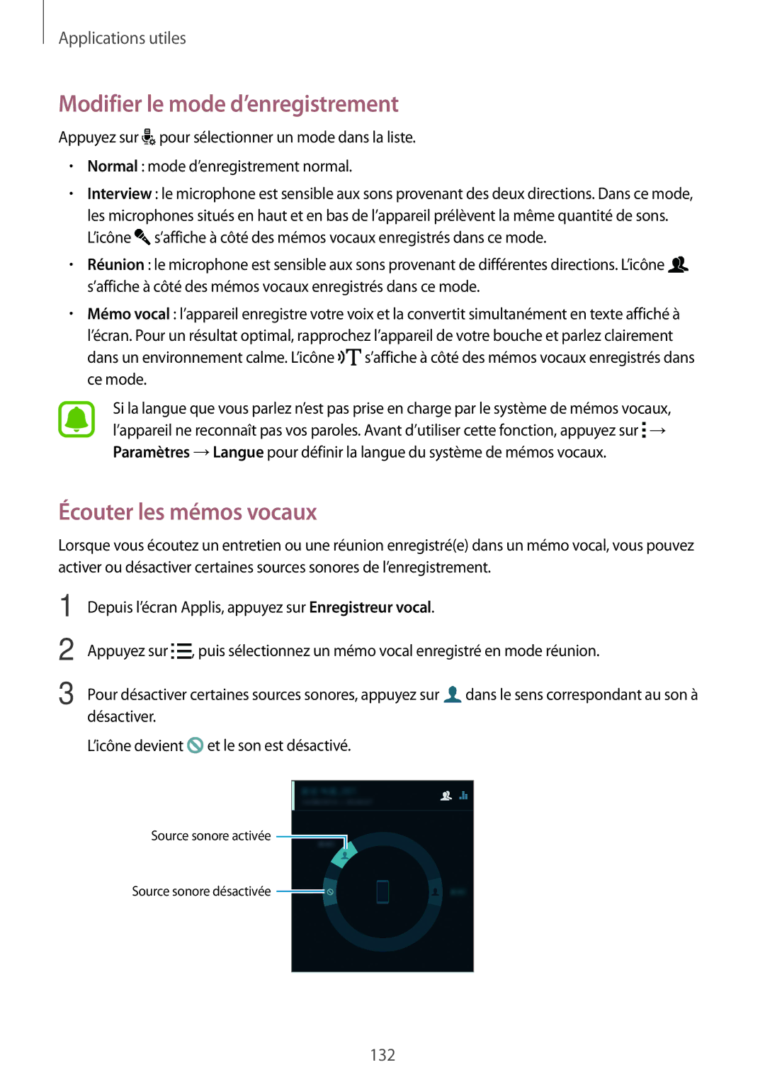 Samsung SM-N915FZKYXEF, SM-N915FZWYXEF manual Modifier le mode d’enregistrement, Écouter les mémos vocaux 