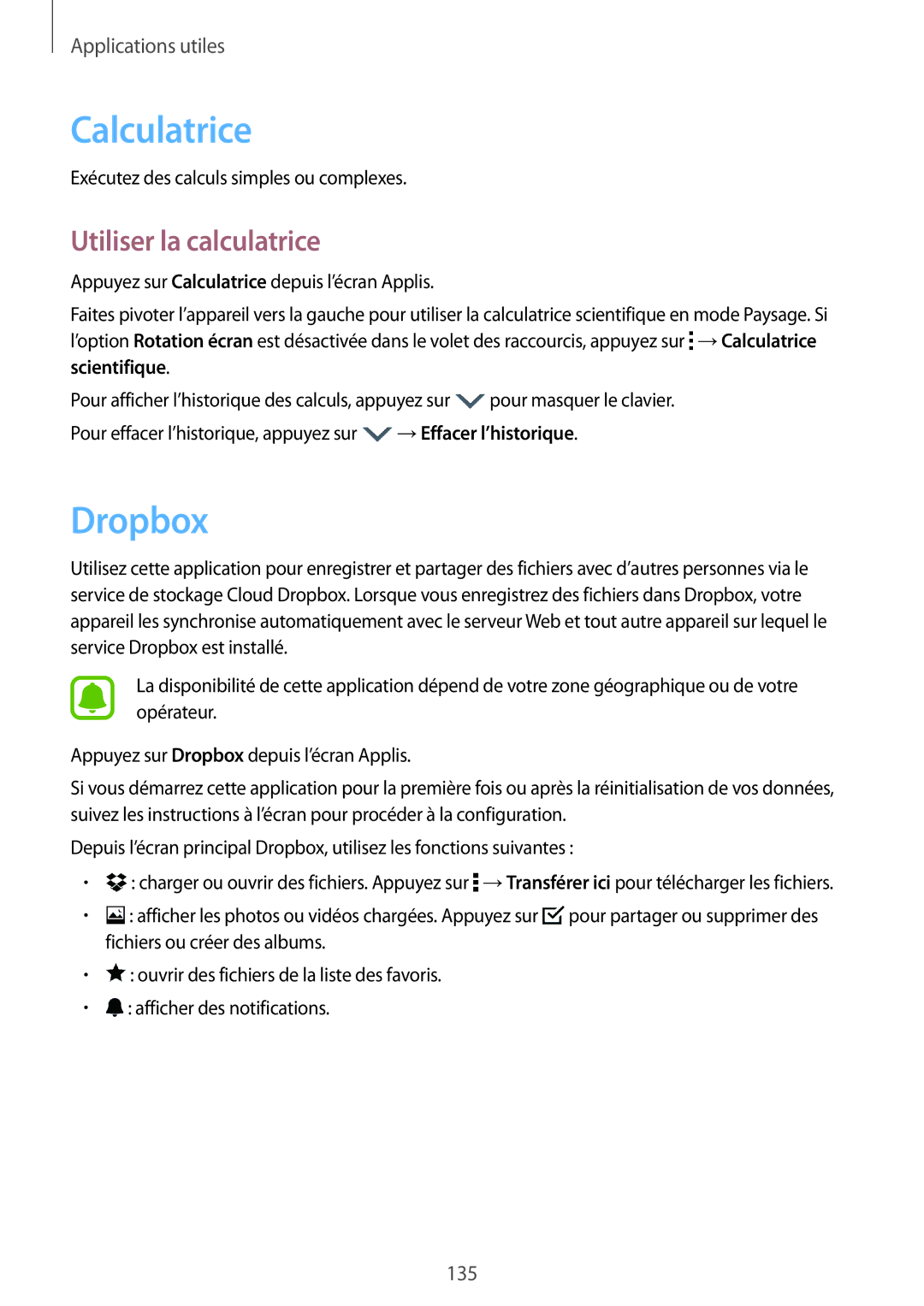 Samsung SM-N915FZWYXEF, SM-N915FZKYXEF manual Calculatrice, Dropbox, Utiliser la calculatrice 