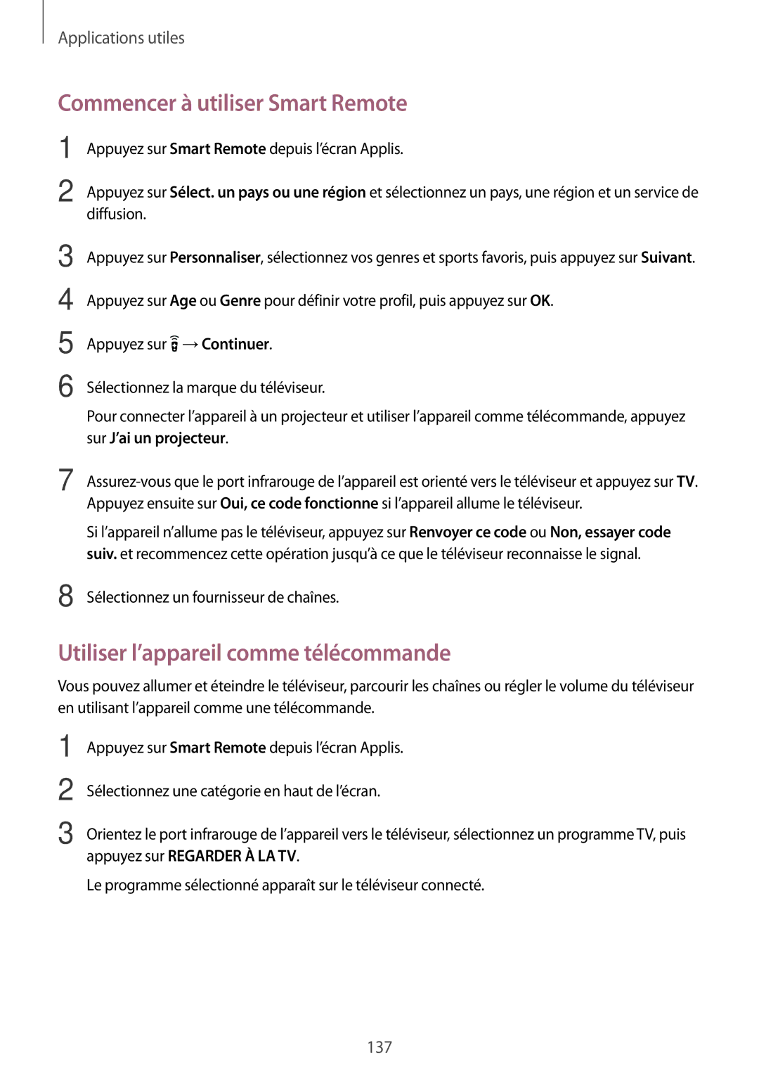 Samsung SM-N915FZWYXEF, SM-N915FZKYXEF manual Commencer à utiliser Smart Remote, Utiliser l’appareil comme télécommande 