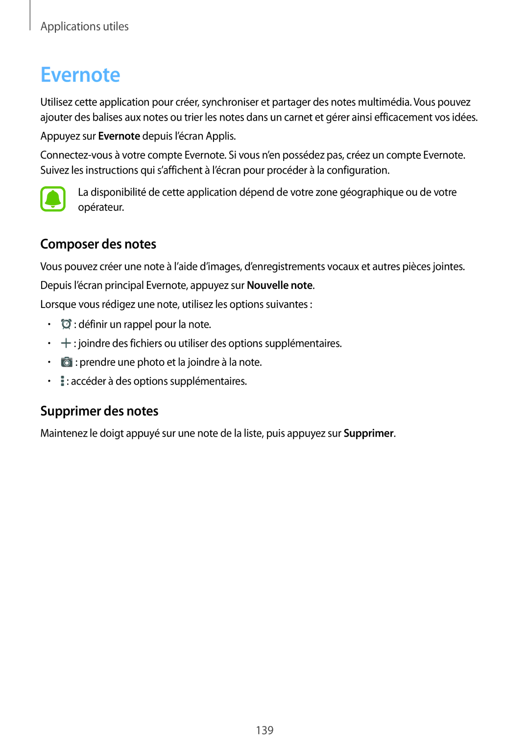 Samsung SM-N915FZWYXEF, SM-N915FZKYXEF manual Evernote, Composer des notes, Supprimer des notes 