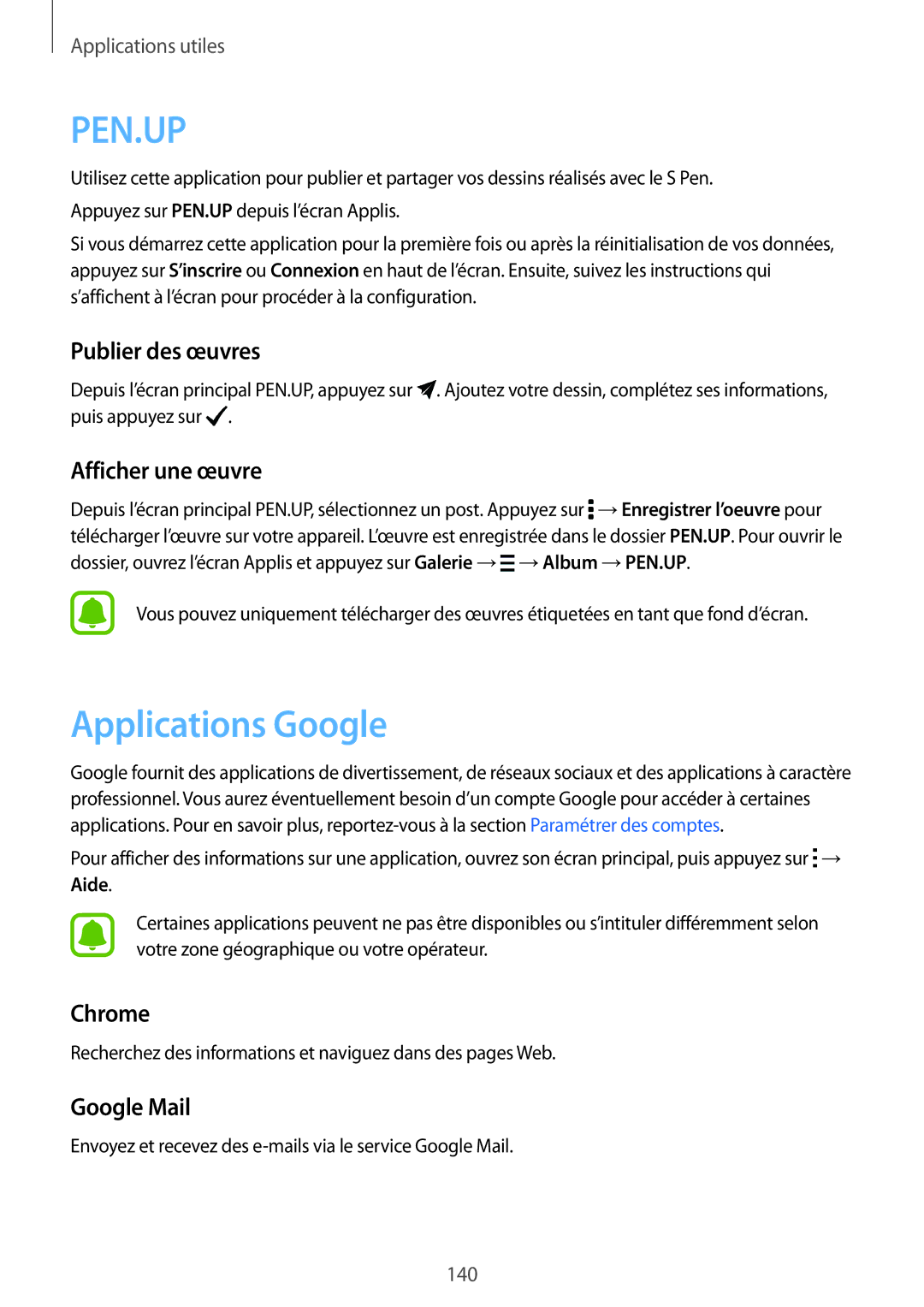 Samsung SM-N915FZKYXEF, SM-N915FZWYXEF Applications Google, Publier des œuvres, Afficher une œuvre, Chrome, Google Mail 