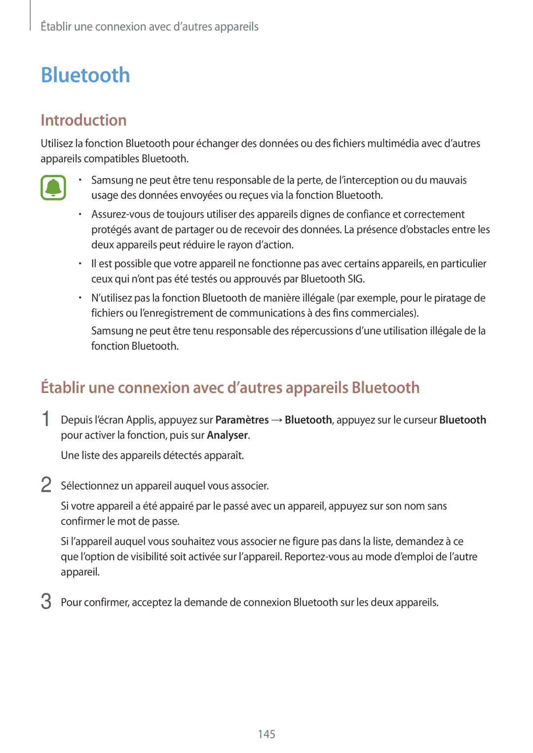 Samsung SM-N915FZWYXEF, SM-N915FZKYXEF manual Établir une connexion avec d’autres appareils Bluetooth 