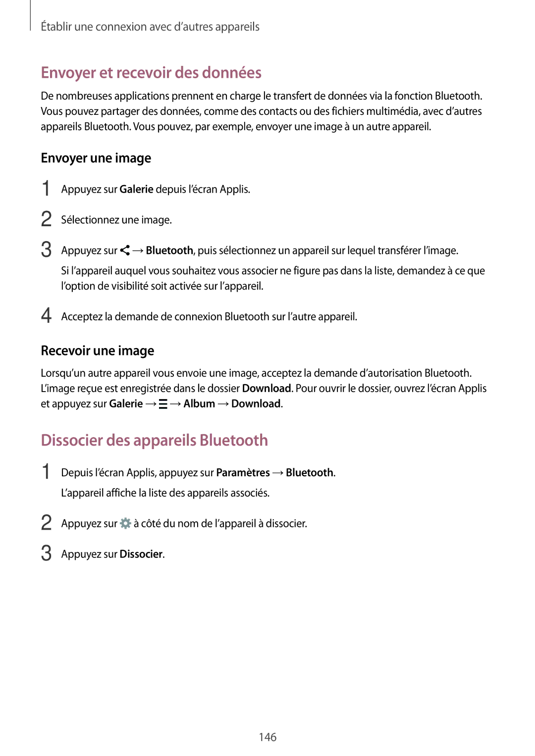 Samsung SM-N915FZKYXEF manual Envoyer et recevoir des données, Dissocier des appareils Bluetooth, Envoyer une image 