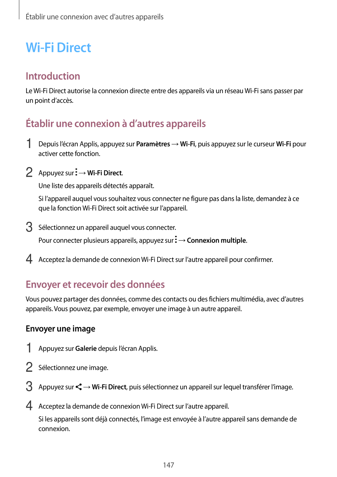 Samsung SM-N915FZWYXEF, SM-N915FZKYXEF manual Wi-Fi Direct, Établir une connexion à d’autres appareils 