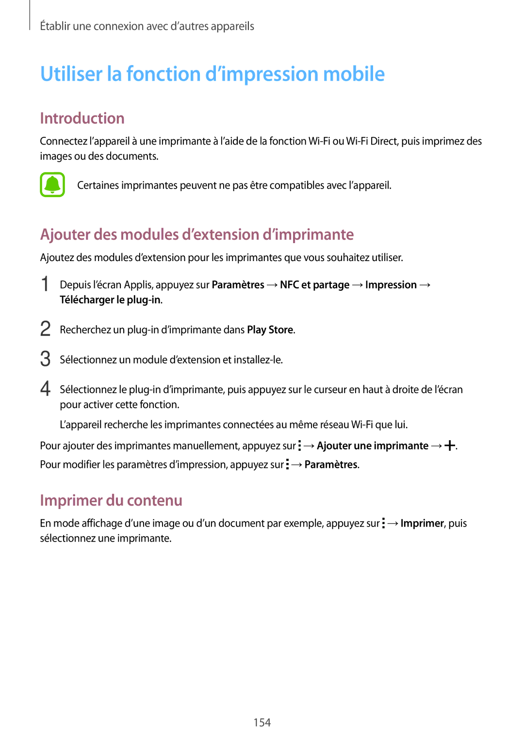 Samsung SM-N915FZKYXEF manual Utiliser la fonction d’impression mobile, Ajouter des modules d’extension d’imprimante 