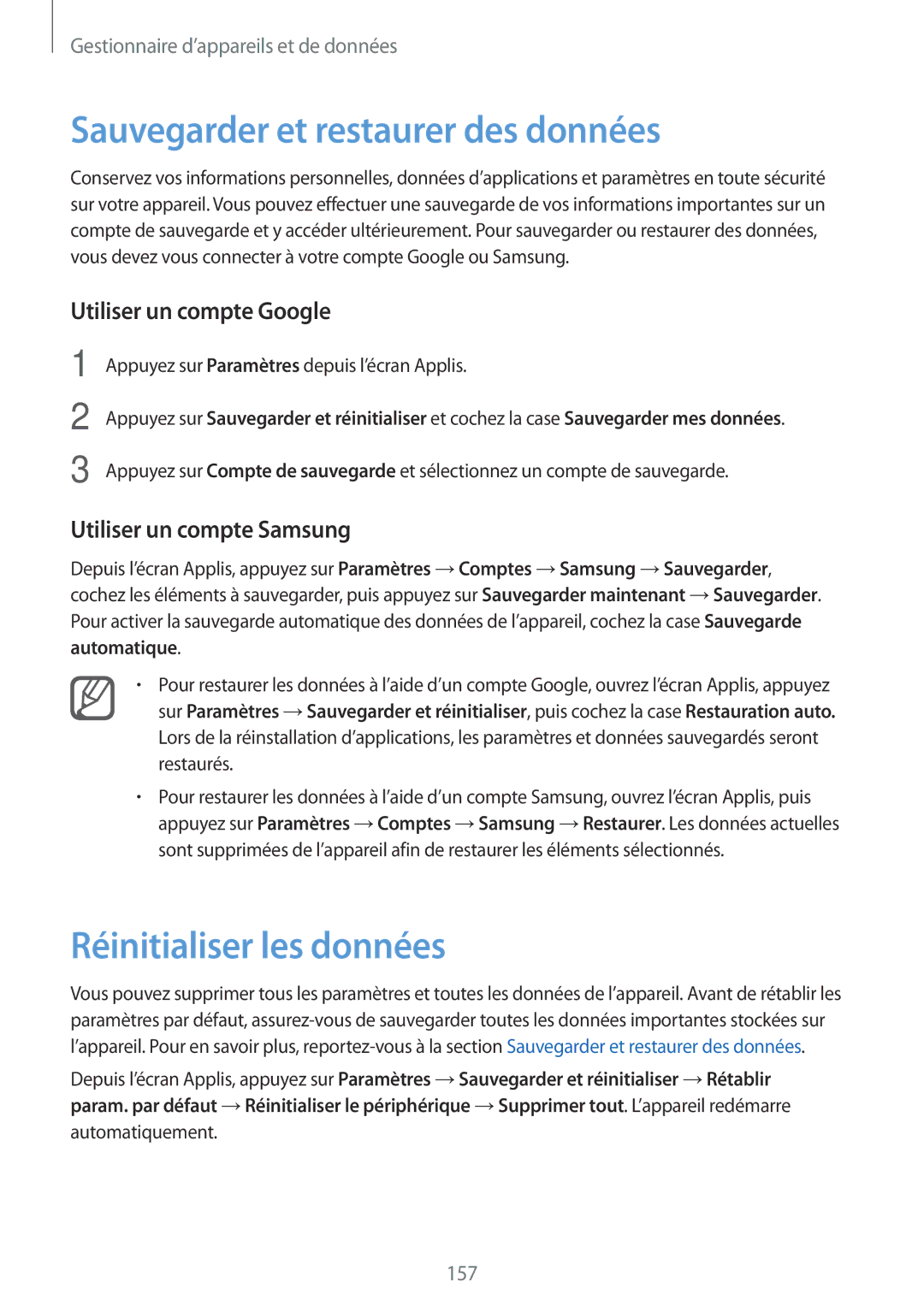 Samsung SM-N915FZWYXEF manual Sauvegarder et restaurer des données, Réinitialiser les données, Utiliser un compte Google 