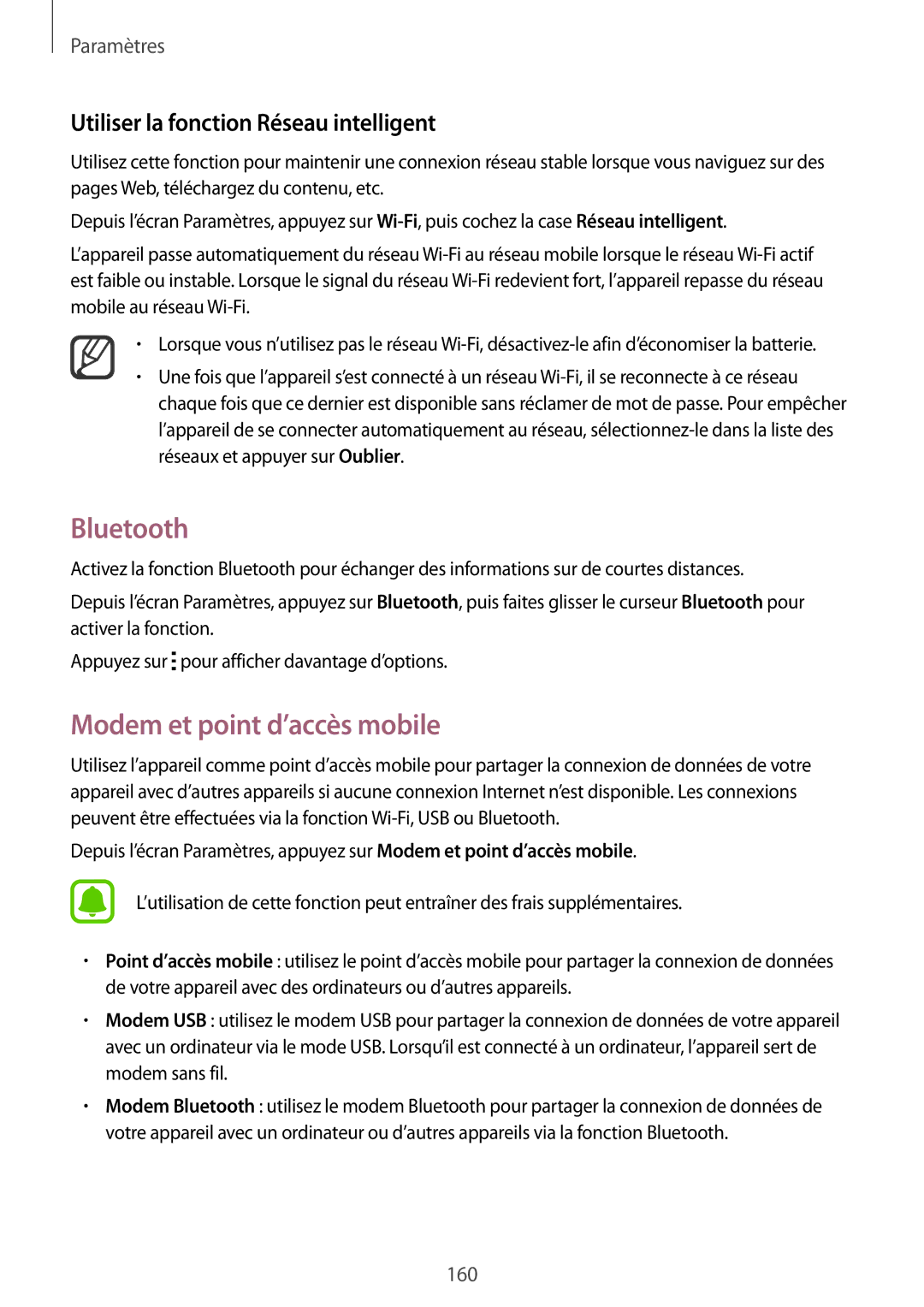 Samsung SM-N915FZKYXEF, SM-N915FZWYXEF Bluetooth, Modem et point d’accès mobile, Utiliser la fonction Réseau intelligent 