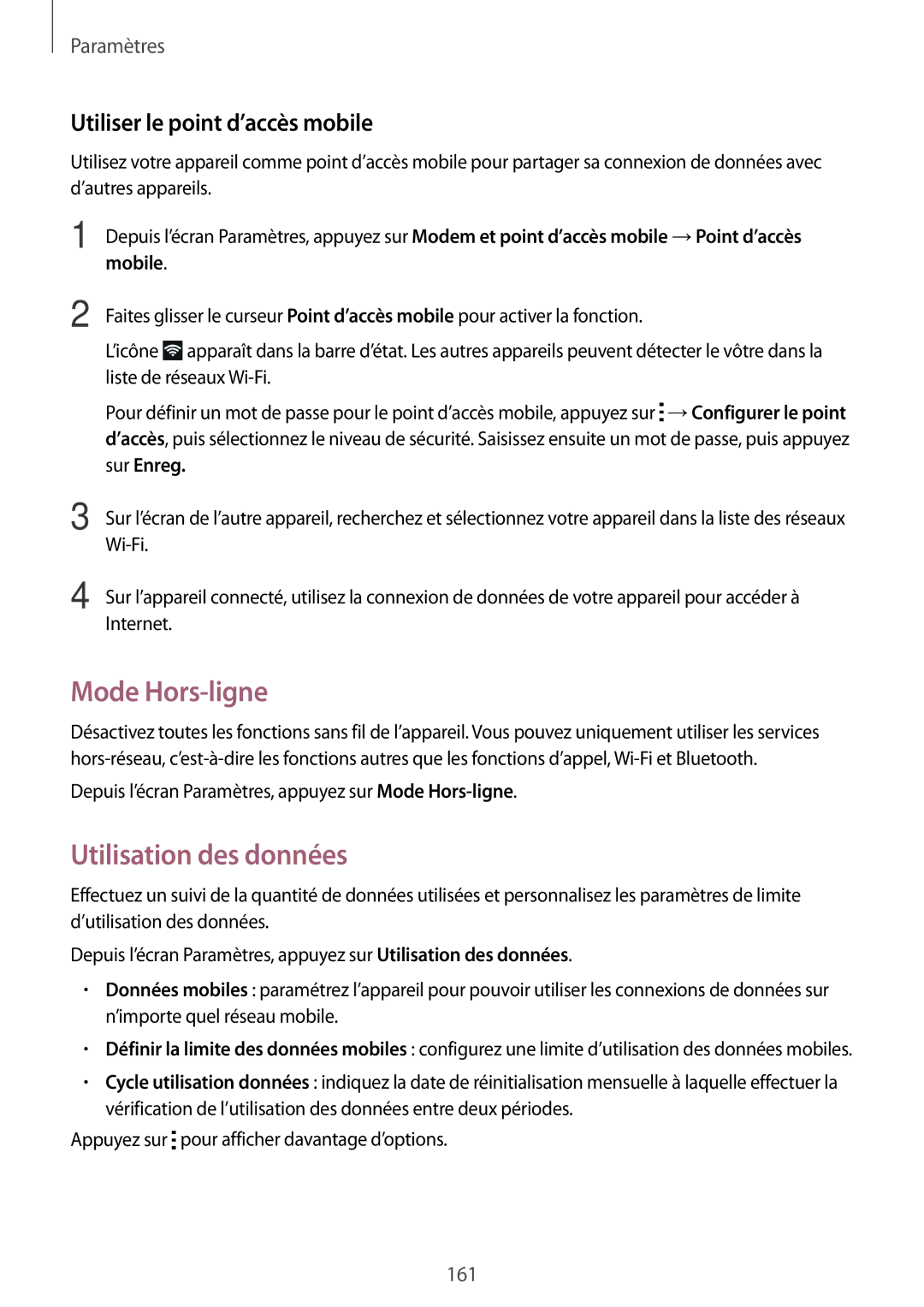 Samsung SM-N915FZWYXEF, SM-N915FZKYXEF manual Mode Hors-ligne, Utilisation des données, Utiliser le point d’accès mobile 