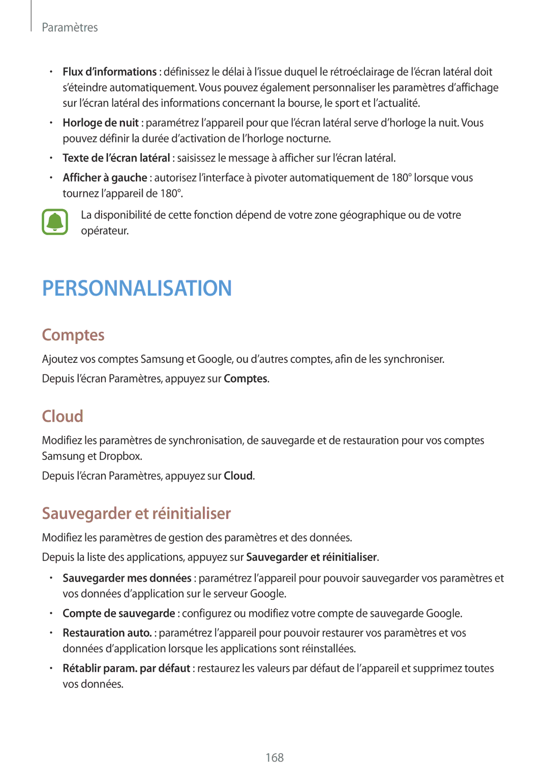Samsung SM-N915FZKYXEF, SM-N915FZWYXEF manual Comptes, Cloud, Sauvegarder et réinitialiser 