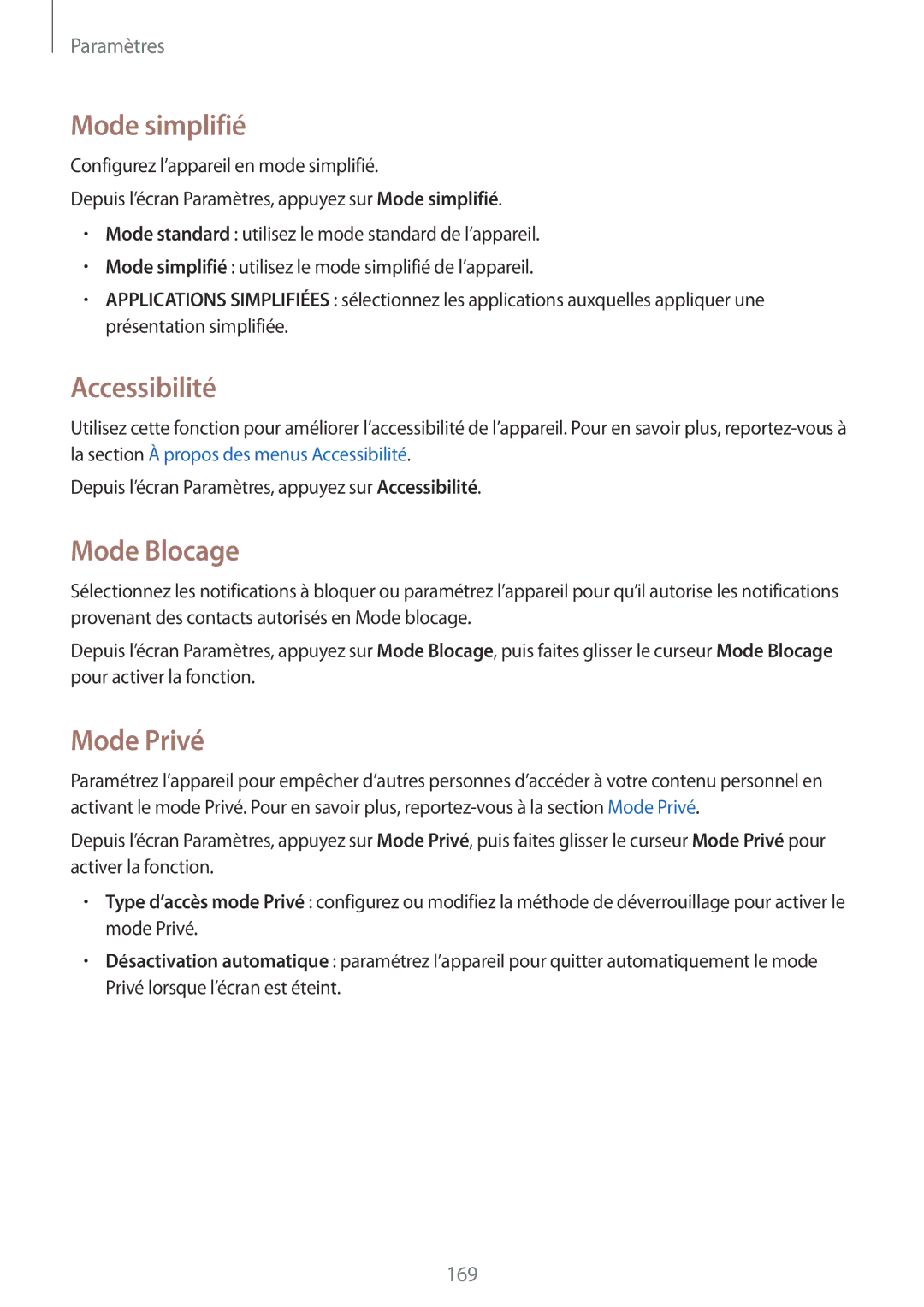 Samsung SM-N915FZWYXEF, SM-N915FZKYXEF manual Mode simplifié, Accessibilité, Mode Blocage, Mode Privé 