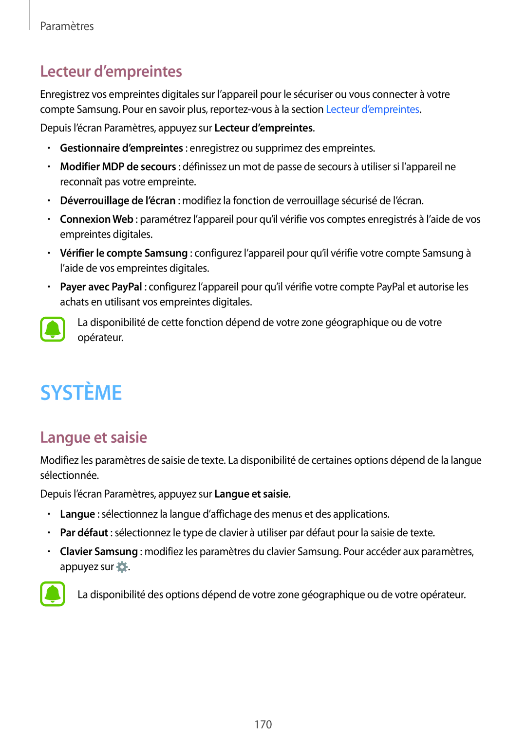 Samsung SM-N915FZKYXEF, SM-N915FZWYXEF manual Lecteur d’empreintes, Langue et saisie 