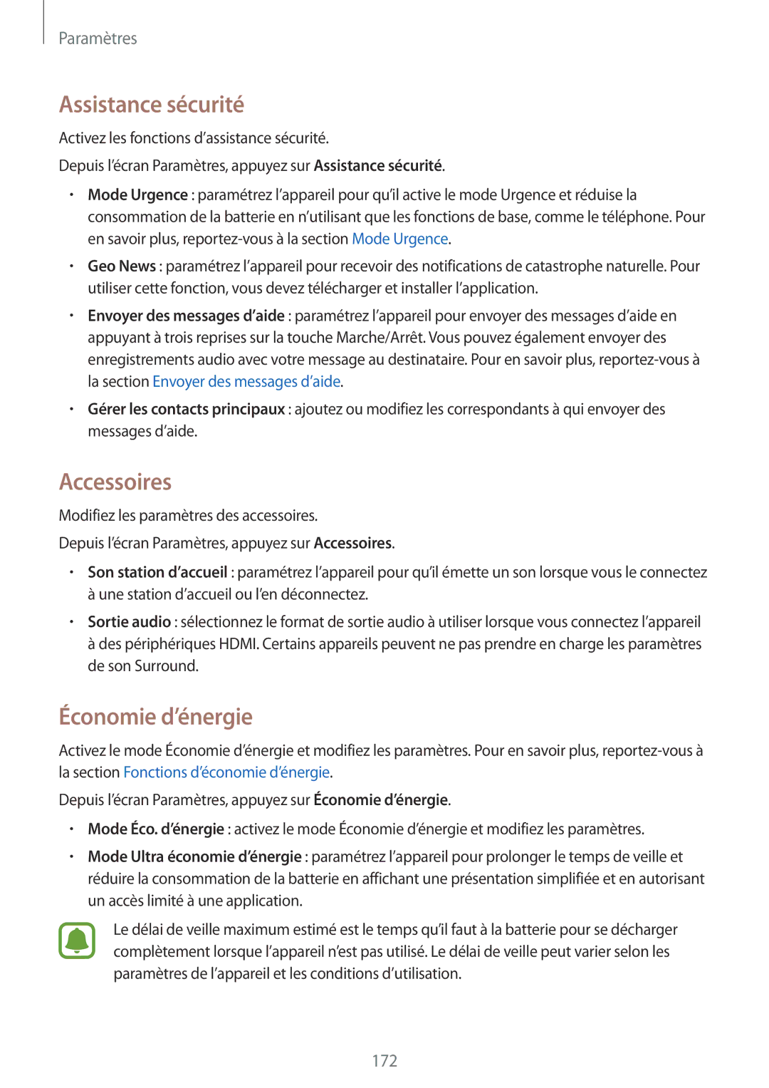 Samsung SM-N915FZKYXEF, SM-N915FZWYXEF manual Assistance sécurité, Accessoires, Économie d’énergie 