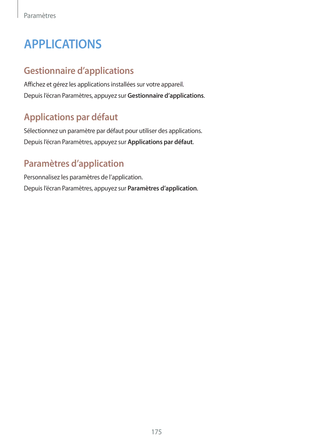 Samsung SM-N915FZWYXEF, SM-N915FZKYXEF manual Gestionnaire d’applications, Applications par défaut, Paramètres d’application 