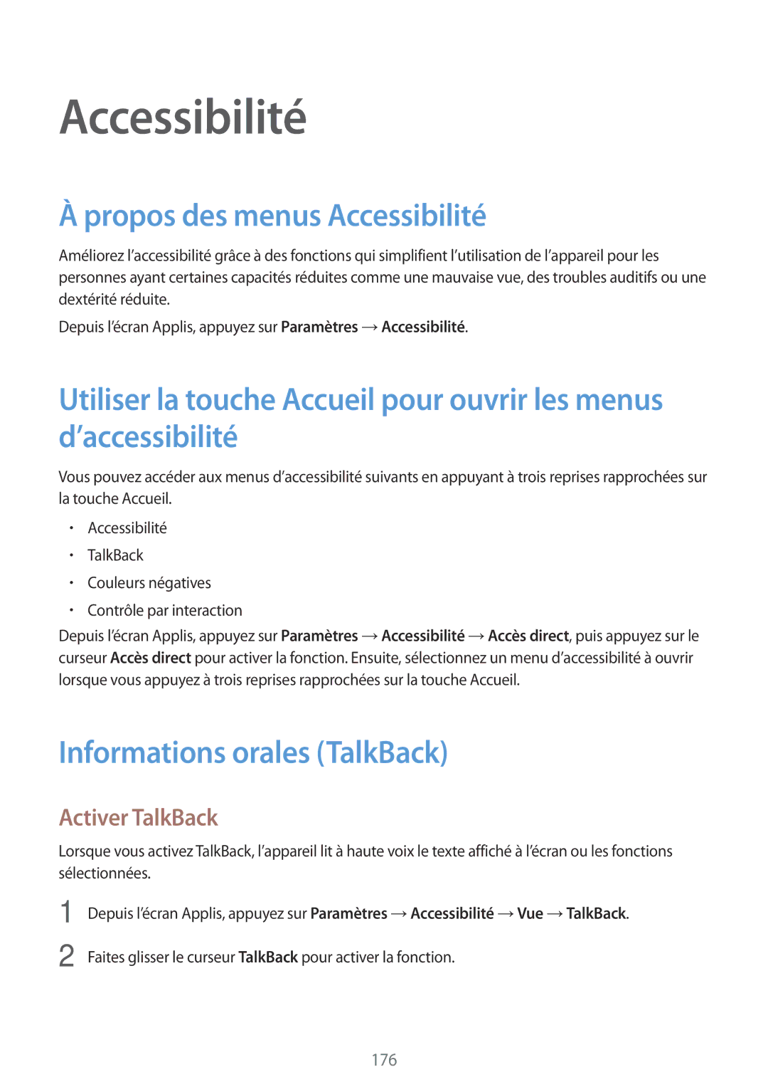 Samsung SM-N915FZKYXEF, SM-N915FZWYXEF Propos des menus Accessibilité, Informations orales TalkBack, Activer TalkBack 