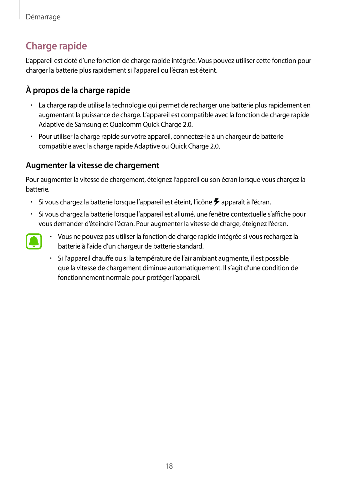 Samsung SM-N915FZKYXEF, SM-N915FZWYXEF manual Charge rapide, Propos de la charge rapide, Augmenter la vitesse de chargement 