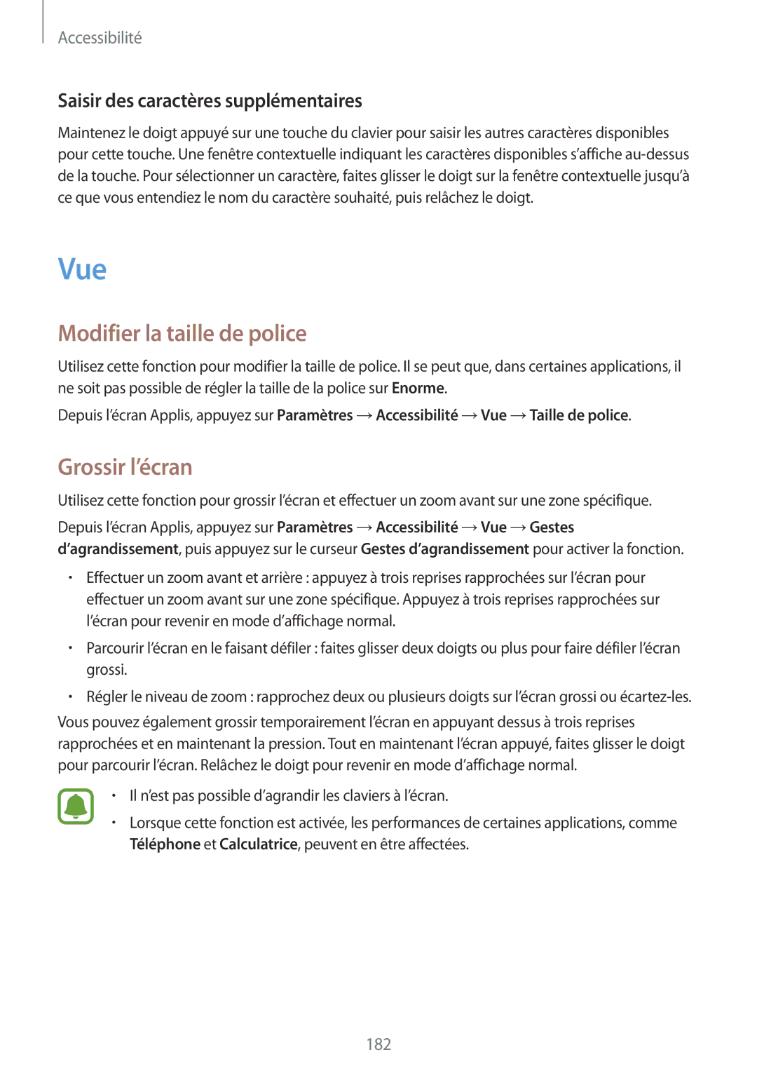 Samsung SM-N915FZKYXEF manual Vue, Modifier la taille de police, Grossir l’écran, Saisir des caractères supplémentaires 