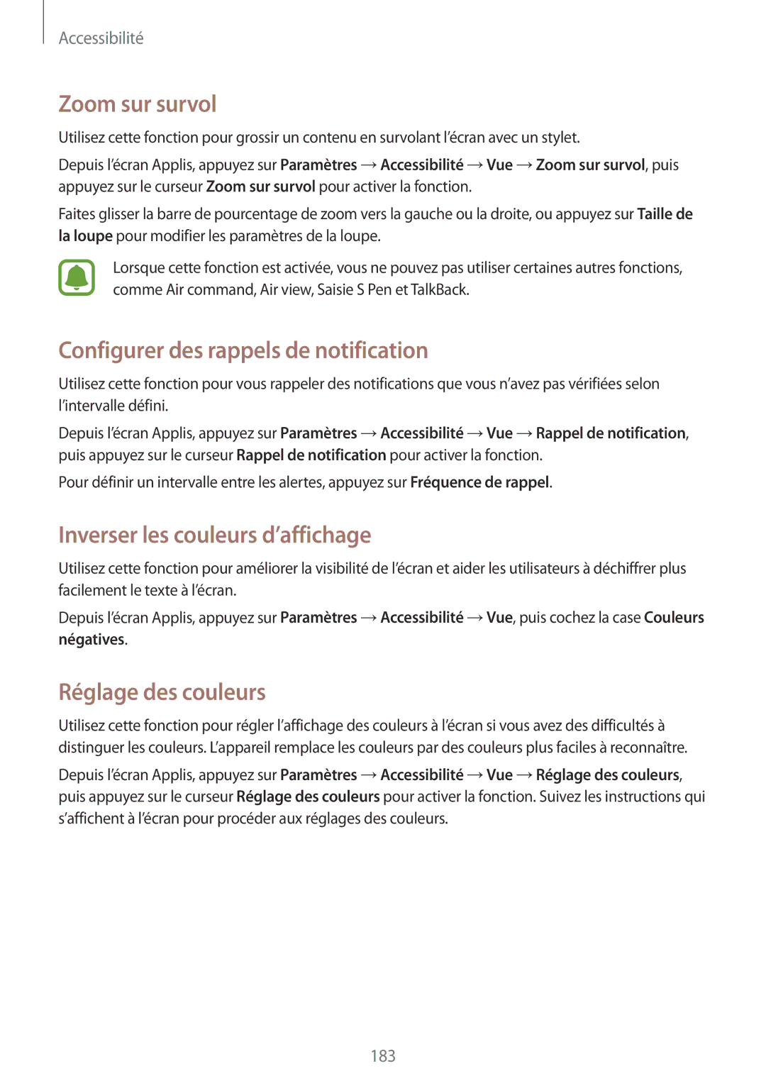Samsung SM-N915FZWYXEF manual Zoom sur survol, Configurer des rappels de notification, Inverser les couleurs d’affichage 