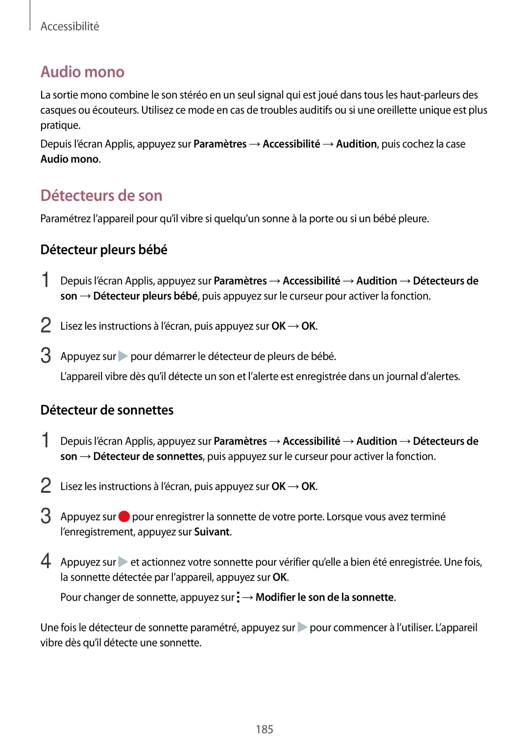 Samsung SM-N915FZWYXEF, SM-N915FZKYXEF manual Audio mono, Détecteurs de son, Détecteur pleurs bébé, Détecteur de sonnettes 