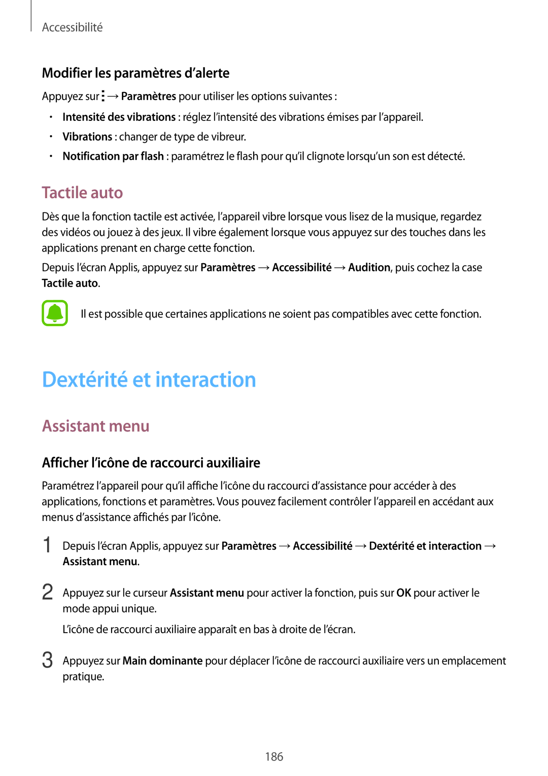 Samsung SM-N915FZKYXEF manual Dextérité et interaction, Tactile auto, Assistant menu, Modifier les paramètres d’alerte 