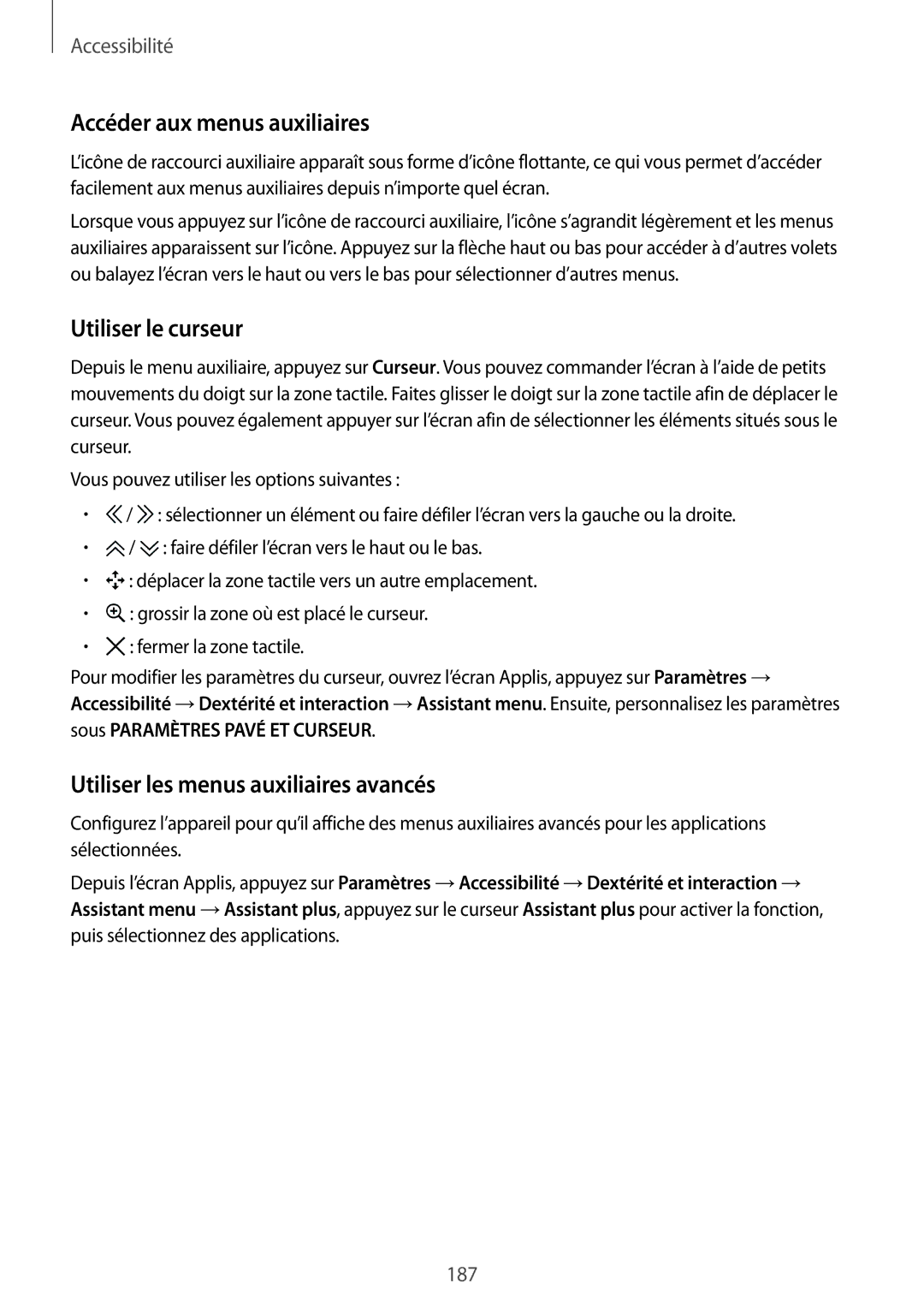Samsung SM-N915FZWYXEF manual Accéder aux menus auxiliaires, Utiliser le curseur, Utiliser les menus auxiliaires avancés 