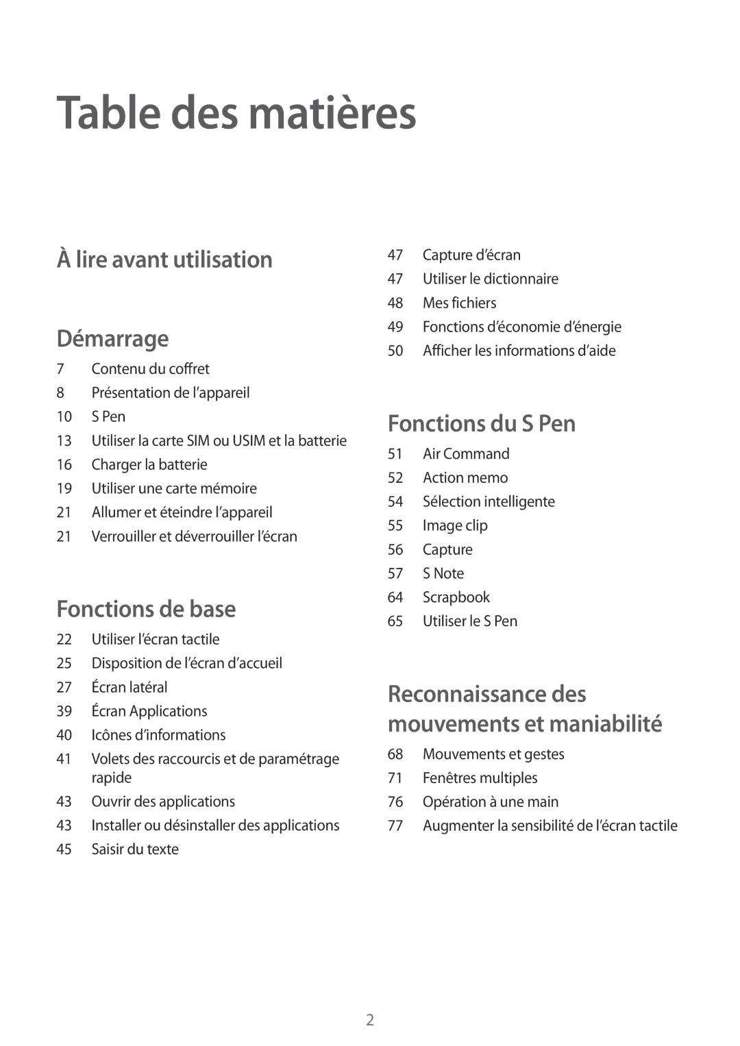 Samsung SM-N915FZKYXEF, SM-N915FZWYXEF manual Table des matières, Lire avant utilisation Démarrage 