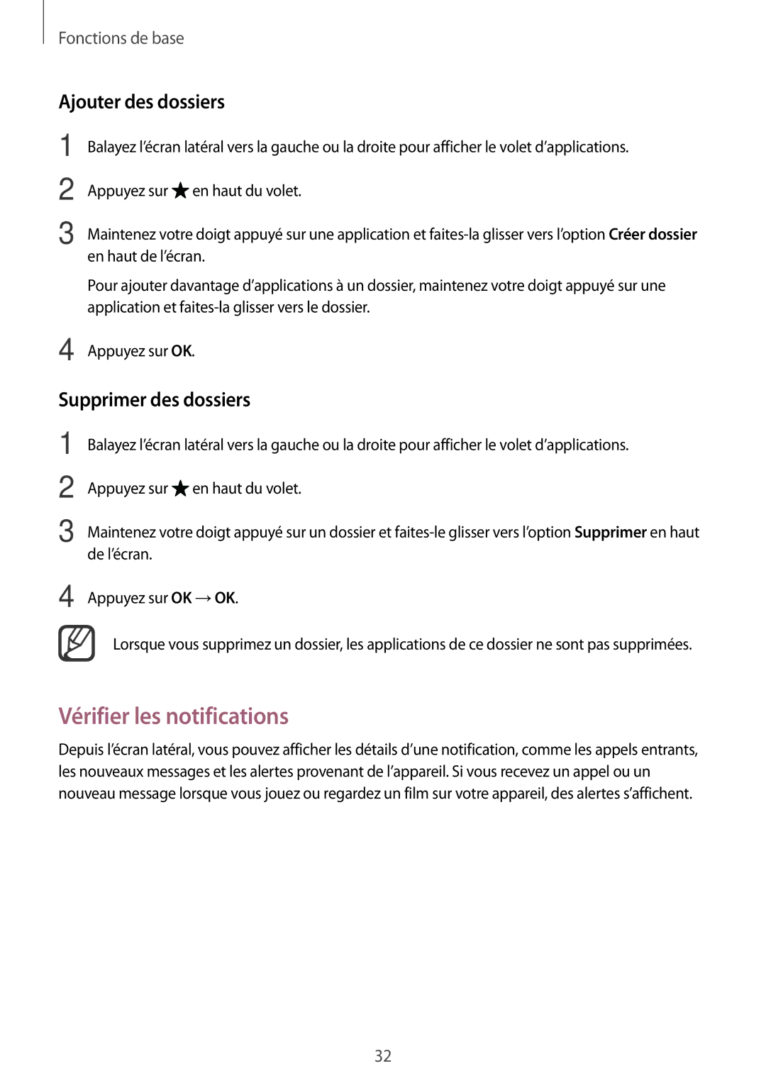 Samsung SM-N915FZKYXEF, SM-N915FZWYXEF manual Vérifier les notifications, Ajouter des dossiers, Supprimer des dossiers 