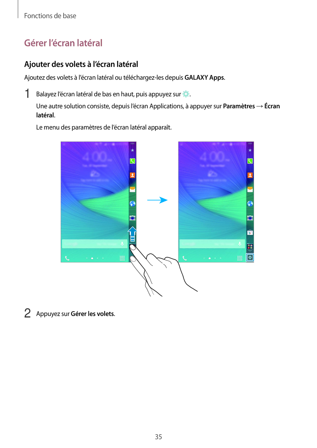 Samsung SM-N915FZWYXEF manual Gérer l’écran latéral, Ajouter des volets à l’écran latéral, Appuyez sur Gérer les volets 