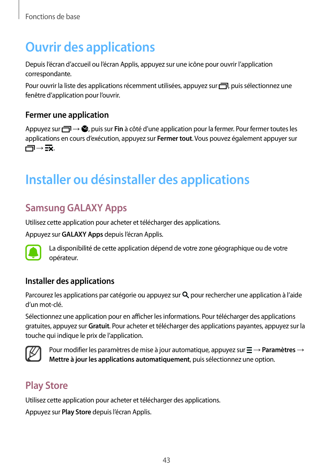 Samsung SM-N915FZWYXEF manual Ouvrir des applications, Installer ou désinstaller des applications, Samsung Galaxy Apps 