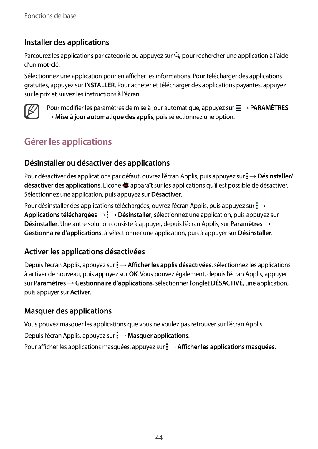 Samsung SM-N915FZKYXEF manual Gérer les applications, Désinstaller ou désactiver des applications, Masquer des applications 