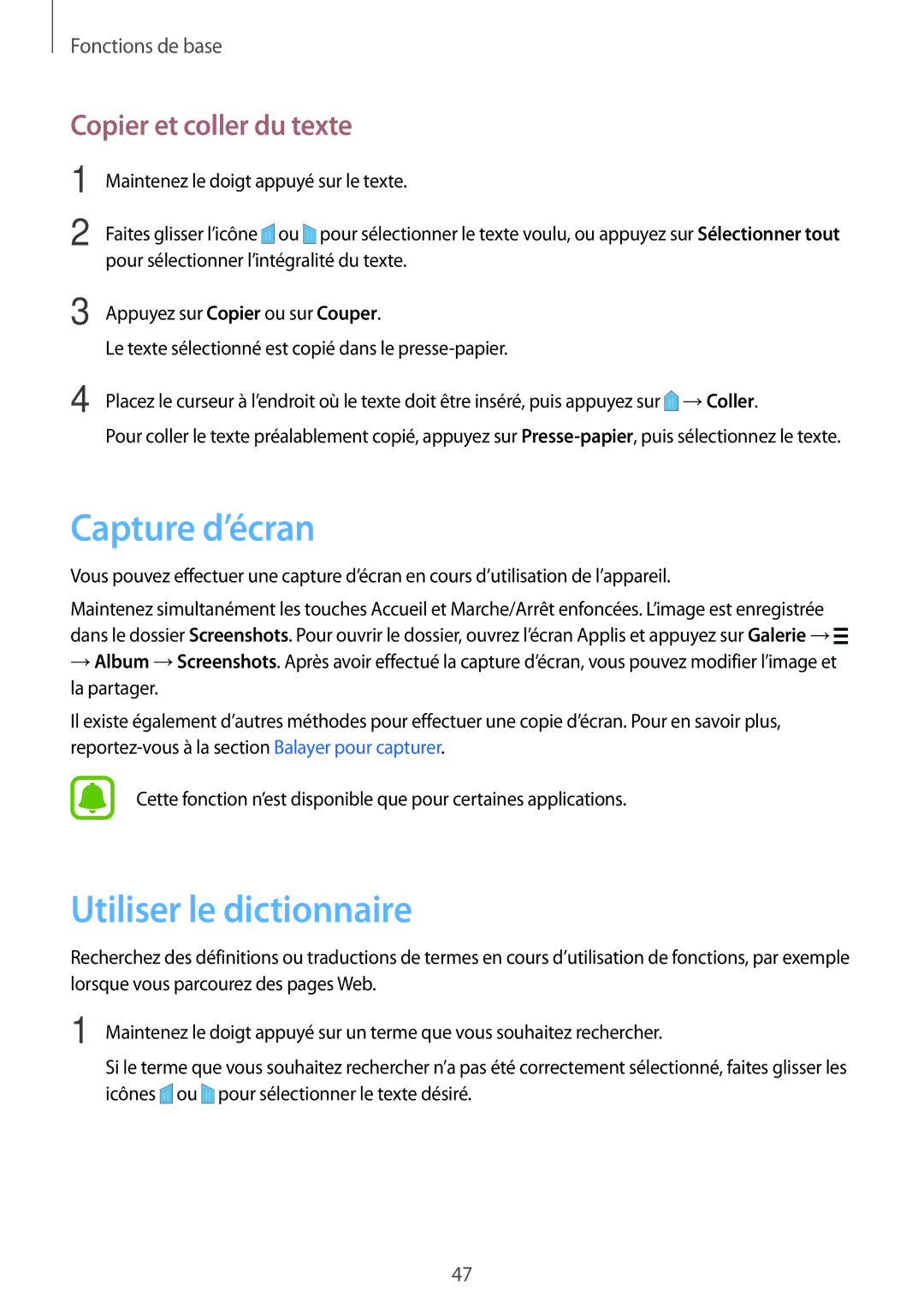 Samsung SM-N915FZWYXEF, SM-N915FZKYXEF manual Capture d’écran, Utiliser le dictionnaire, Copier et coller du texte 