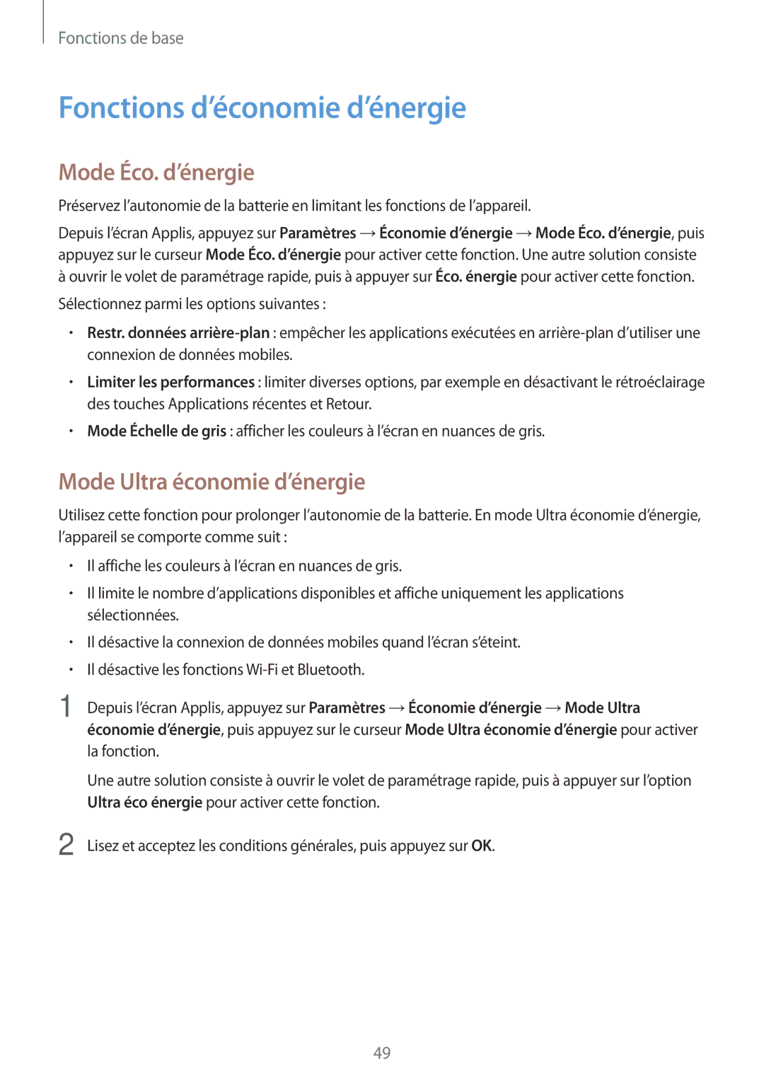 Samsung SM-N915FZWYXEF, SM-N915FZKYXEF Fonctions d’économie d’énergie, Mode Éco. d’énergie, Mode Ultra économie d’énergie 