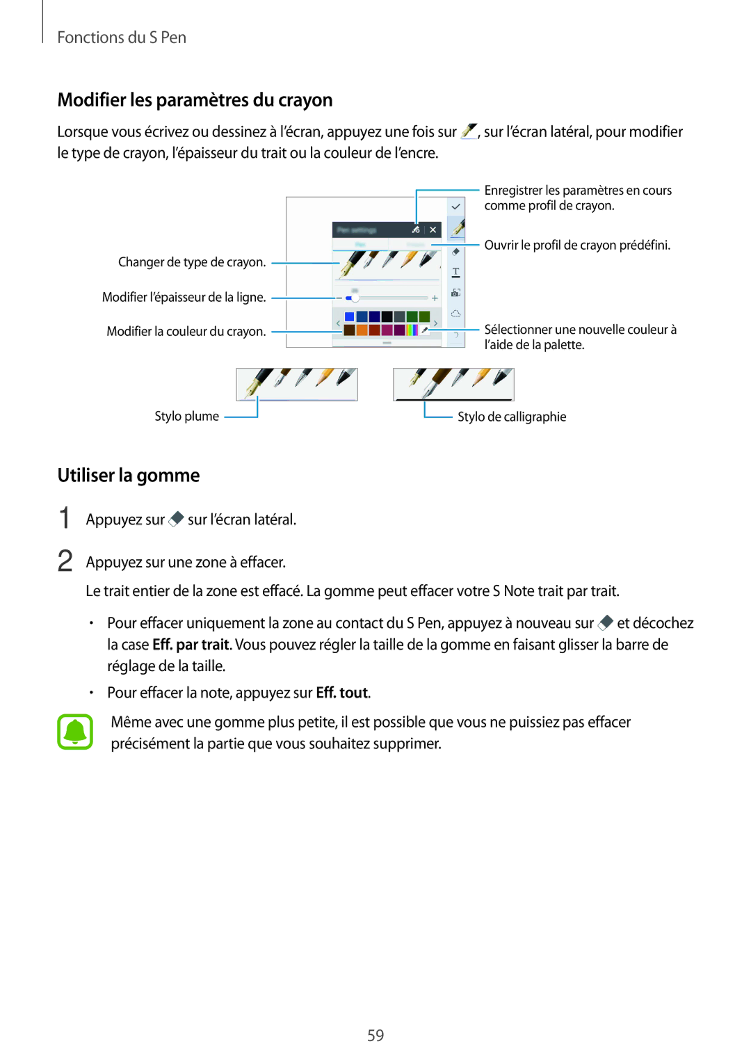 Samsung SM-N915FZWYXEF, SM-N915FZKYXEF manual Modifier les paramètres du crayon, Utiliser la gomme 