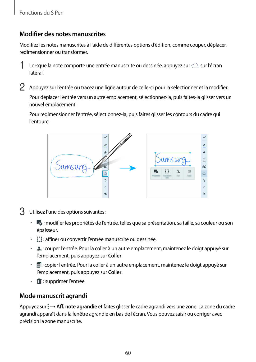 Samsung SM-N915FZKYXEF, SM-N915FZWYXEF manual Modifier des notes manuscrites, Mode manuscrit agrandi 