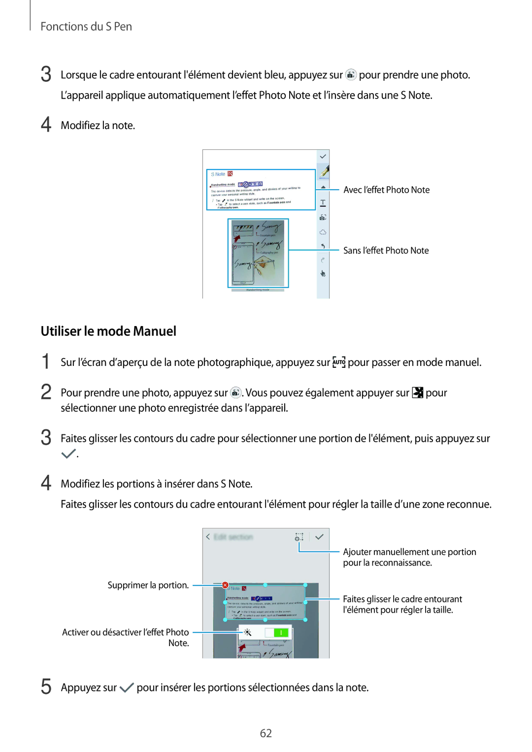 Samsung SM-N915FZKYXEF, SM-N915FZWYXEF manual Utiliser le mode Manuel, Modifiez les portions à insérer dans S Note 